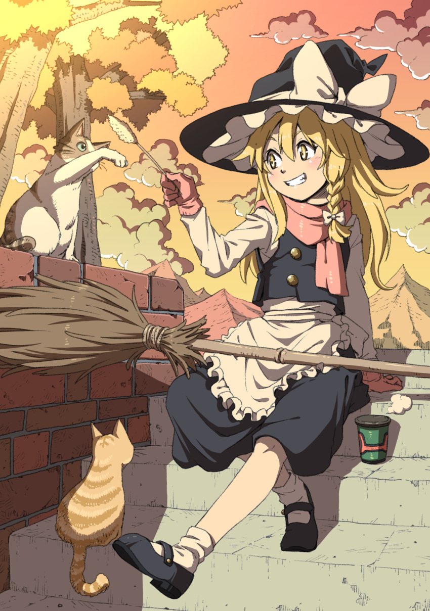 1girl animal apron bamboo_broom black_footwear black_headwear black_skirt black_vest blonde_hair blush bow braid brick_wall broom buttons cat cattail clouds cup disposable_cup evening gloves grin hair_bow hand_up hat hat_bow highres holding inuno_rakugaki kirisame_marisa long_hair long_sleeves mary_janes mountain orange_sky outdoors outstretched_leg pink_gloves pink_scarf plant scarf shirt shoes side_braid single_braid sitting sitting_on_stairs skirt skirt_set sky smile solo stairs steam stone_stairs teeth touhou tree vest waist_apron white_bow white_legwear white_shirt witch_hat yellow_eyes