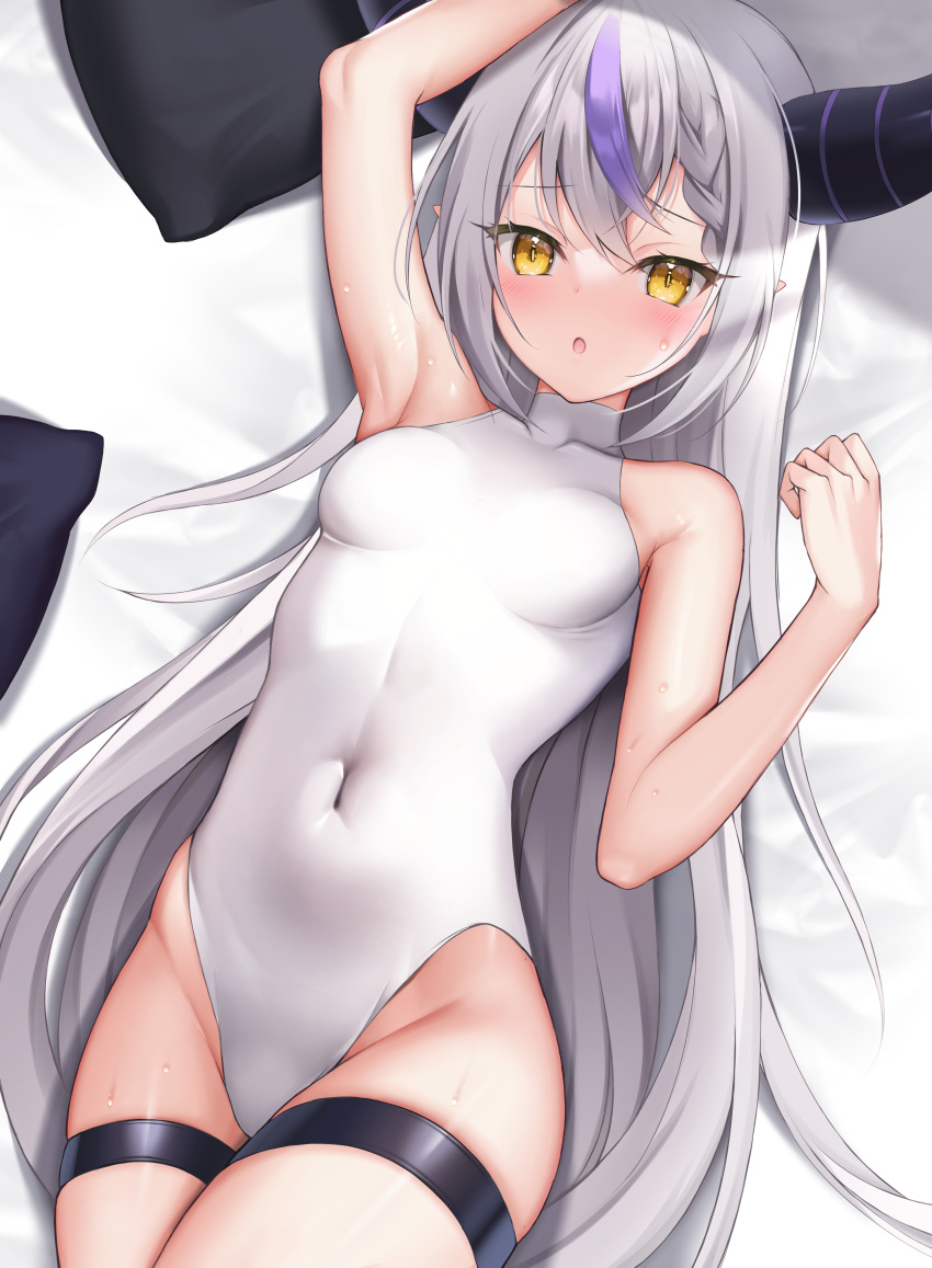 1girl :o absurdres arm_up armpits bare_arms bare_shoulders bed_sheet blush braid breasts commentary_request competition_swimsuit covered_navel from_above highres hololive horns la+_darknesss long_hair looking_at_viewer looking_up lying multicolored_hair on_back on_bed one-piece_swimsuit open_mouth pillow pointy_ears purple_hair silver_hair skindentation small_breasts solo streaked_hair sweat swimsuit thigh_strap utekiro very_long_hair virtual_youtuber white_swimsuit yellow_eyes