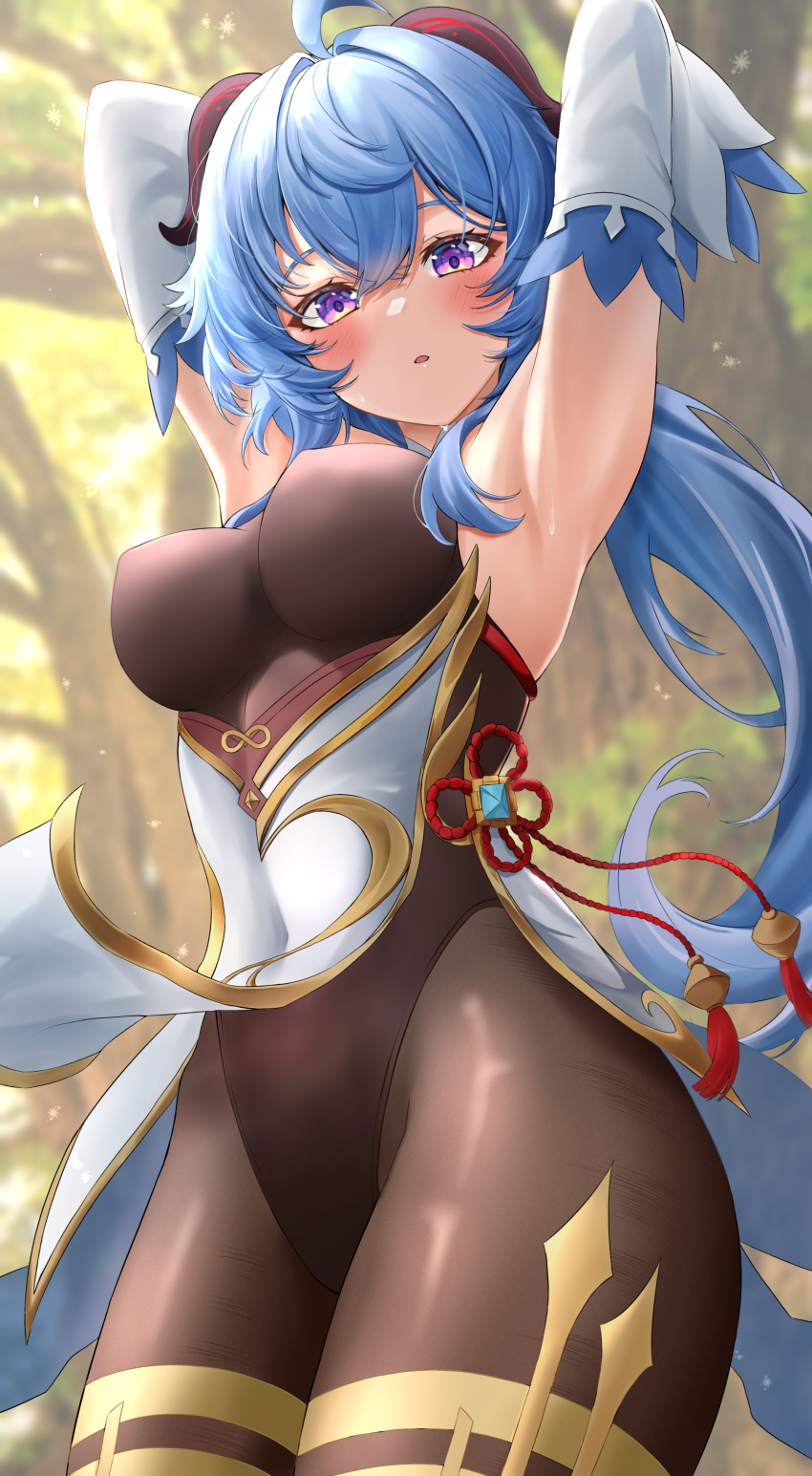 1girl :o absurdres ahoge armpits arms_up bangs black_leotard blue_hair blush breasts brown_legwear covered_navel cowboy_shot day detached_sleeves dstwins97 eyebrows_behind_hair flower_knot ganyu_(genshin_impact) genshin_impact highres horns impossible_clothes impossible_leotard large_breasts leotard long_hair long_sleeves looking_at_viewer outdoors pantyhose parted_lips red_ribbon ribbon solo tassel thighs violet_eyes