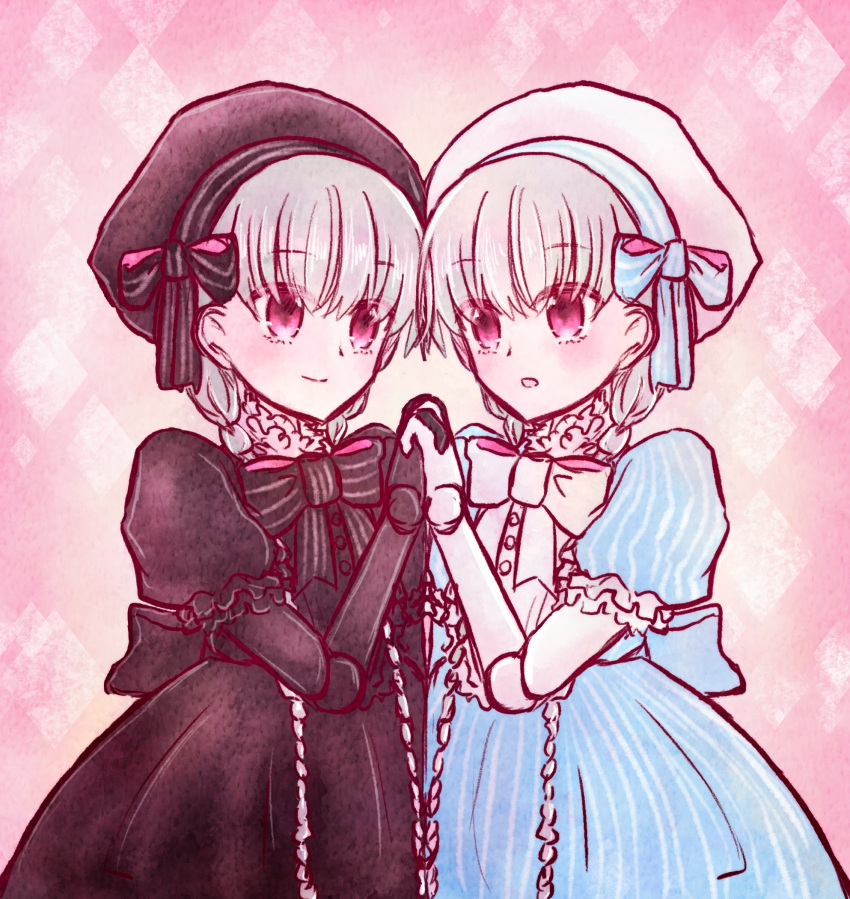 2girls alice_(fate/extra) black_bow black_dress black_gloves black_headwear blue_bow blue_dress bow bowtie bug butterfly closed_mouth doll_joints dress fate/extra fate/grand_order fate_(series) flask_furifuri food_print frilled_dress frills gloves hat hat_bow insect long_hair looking_at_viewer multiple_girls mushroom_print nursery_rhyme_(fate/extra) open_mouth print_dress purple_bow purple_eyes smile twins white_bow white_gloves white_hair white_headwear