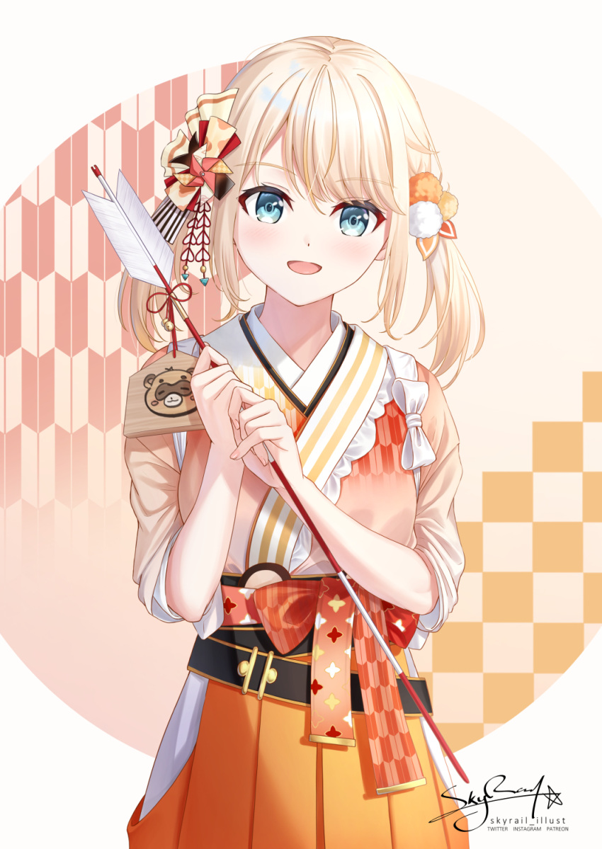 1girl arrow_(projectile) artist_name bangs belt black_belt blonde_hair blush bow breasts commentary_request eyebrows_visible_through_hair green_eyes hair_ornament highres holding hololive japanese_clothes kazama_iroha kimono looking_at_viewer new_year open_mouth orange_bow sarashi signature skyrail smile solo twintails virtual_youtuber