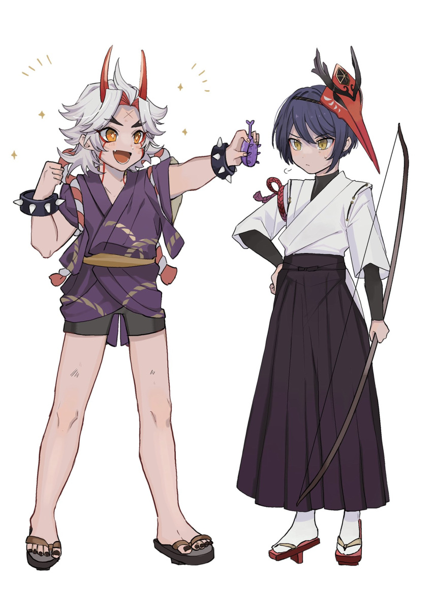 +_+ 1boy 1girl =3 arataki_itto bangs beetle black_hakama black_nails bow_(weapon) bug clenched_hand closed_mouth commentary_request full_body genshin_impact hakama hand_on_hip highres holding holding_bow_(weapon) holding_weapon horns japanese_clothes kujou_sara long_hair mask mask_on_head multicolored_hair nail_polish open_mouth orange_eyes purple_hair raku_ge redhead scar scar_on_face scar_on_forehead short_hair shorts simple_background spikes standing sweat toenail_polish toenails weapon white_background white_hair yellow_eyes younger