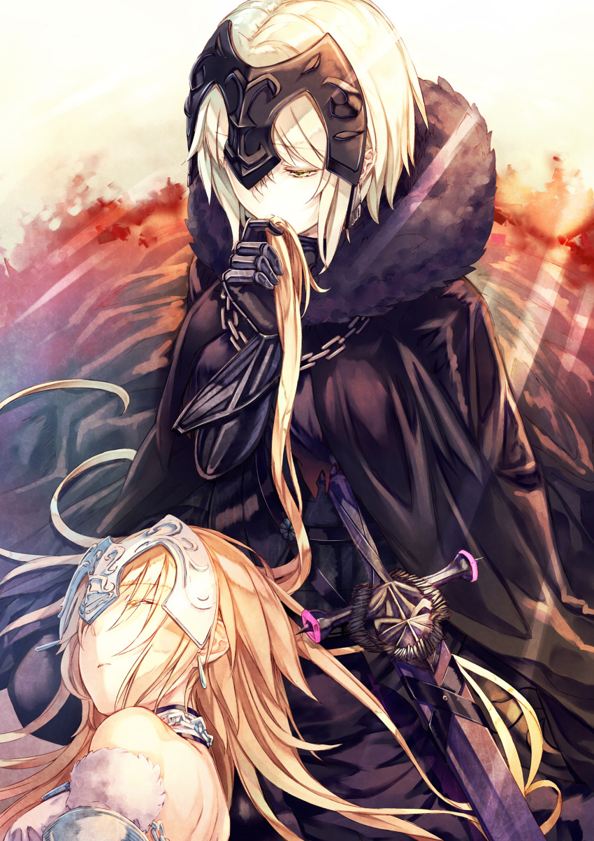 2girls armor armored_boots armored_dress banner black_legwear blonde_hair blue_eyes boots breasts cleavage dress dutch_angle eyebrows_visible_through_hair fate/apocrypha fate/grand_order fate_(series) floating_hair flower fur_trim gauntlets haruki_saijo highres jeanne_d'arc_(alter)_(fate) jeanne_d'arc_(fate) jeanne_d'arc_(fate)_(all) lens_flare long_hair looking_back medium_breasts multiple_girls ruler_(fate/apocrypha) sheath silver_hair sleeveless sleeveless_dress smile standing thigh-highs very_long_hair white_dress white_flower yellow_eyes