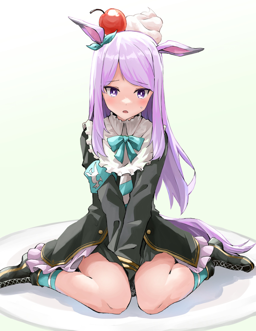 1girl absurdres animal_ears berry blush boots commentary_request food food_on_head highres hitode_(ziburi) horse_ears horse_girl long_hair mejiro_mcqueen_(umamusume) object_on_head open_mouth plate purple_hair simple_background sitting solo umamusume violet_eyes wariza white_background