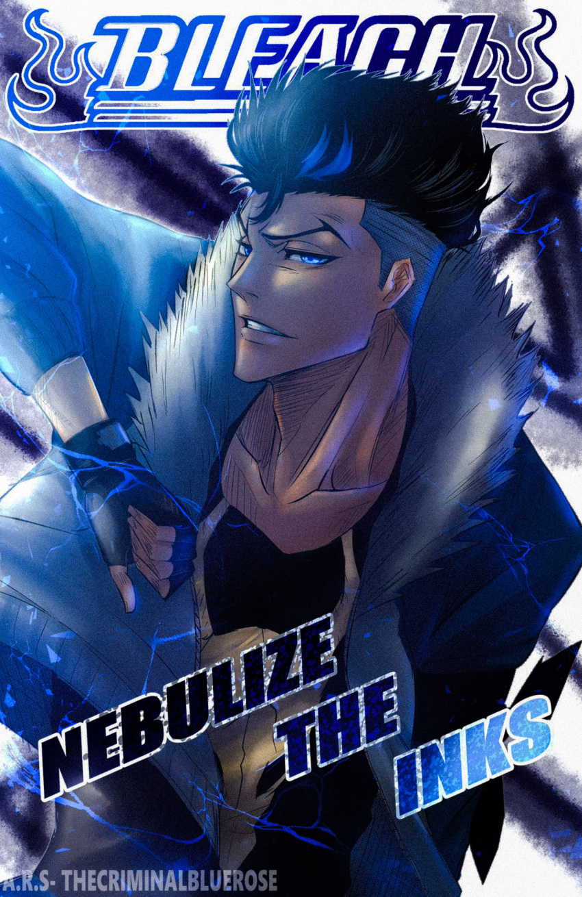 1boy animal_skull arm_up armband azurerosestudio background_text black_hair black_shirt bleach blue_hair bruno_bangnyfe burn_the_witch collarbone copyright_name cover cover_page electricity fingerless_gloves foreground_text fur-trimmed_jacket fur_trim gloves highres jacket light_blue_eyes male_focus multicolored_hair parted_lips print_shirt serious shirt short_hair signature skull_print solo straight-on streaked_hair text_focus twitter_username undercut v-shaped_eyebrows