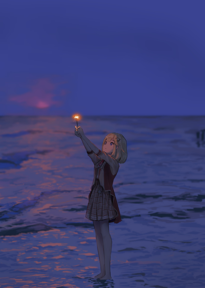 1girl absurdres blonde_hair blue_eyes closed_mouth commentary english_commentary fireworks hair_ornament hands_up highres holding holding_fireworks hololive hololive_english looking_at_object monocle_hair_ornament necktie outdoors pocket_watch short_hair sky solo sparkler standing virtual_youtuber waneyeye watch water watson_amelia