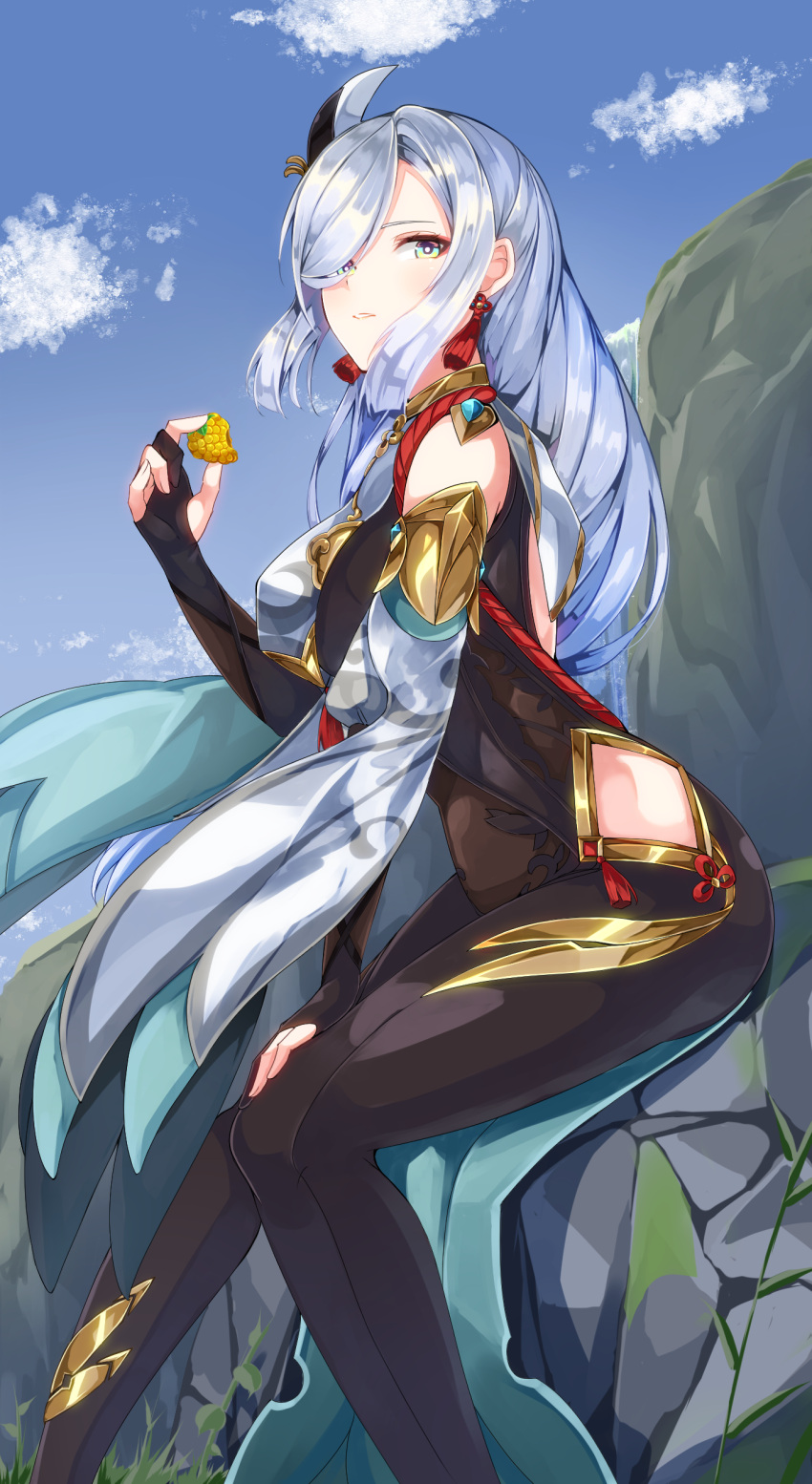 1girl absurdres blue_eyes blue_sky bodysuit breasts bridal_gauntlets chinese_clothes clouds detached_sleeves earrings eating ekusera food from_side genshin_impact gold_trim hair_ornament hand_on_own_knee highres hip_vent holding holding_food jewelry light_blue_hair long_hair looking_to_the_side looking_up parted_lips rock shenhe_(genshin_impact) silver_hair sitting sky solo tassel tassel_earrings very_long_hair