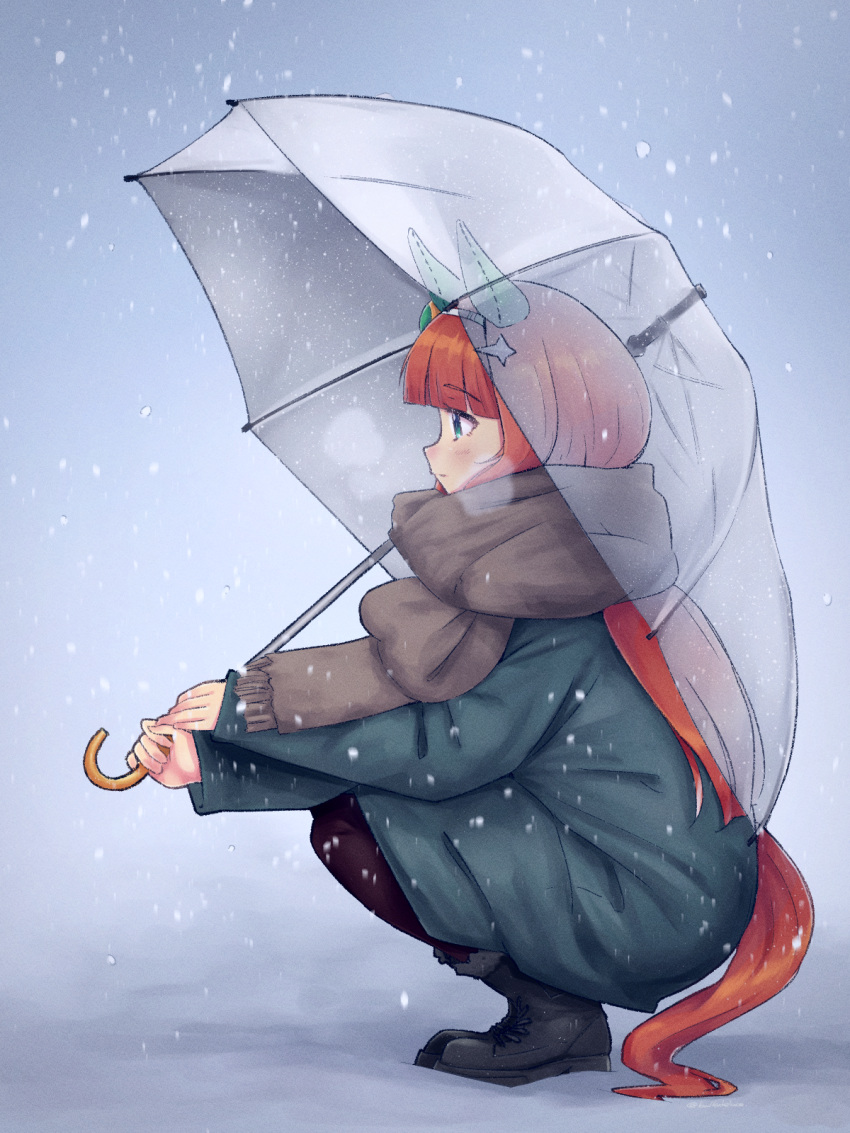 1girl animal_ears balladeluce bangs black_footwear boots breath coat commentary_request cross-laced_footwear ear_covers from_side green_coat green_eyes hairband highres holding holding_umbrella horse_ears horse_girl horse_tail long_hair long_sleeves orange_hair scarf silence_suzuka_(umamusume) snow solo squatting tail transparent transparent_umbrella umamusume umbrella