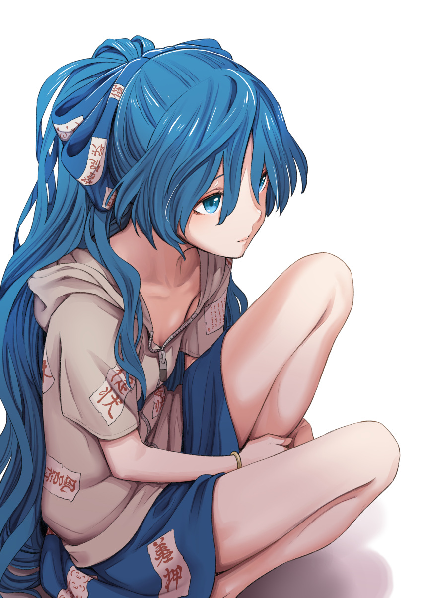 1girl absurdres bangle barefoot blue_bow blue_eyes blue_hair blue_skirt bow bracelet closed_mouth emoticon grey_hoodie hair_between_eyes hair_bow highres hood hoodie jewelry kawayabug long_hair short_sleeves simple_background skirt solo touhou white_background yorigami_shion