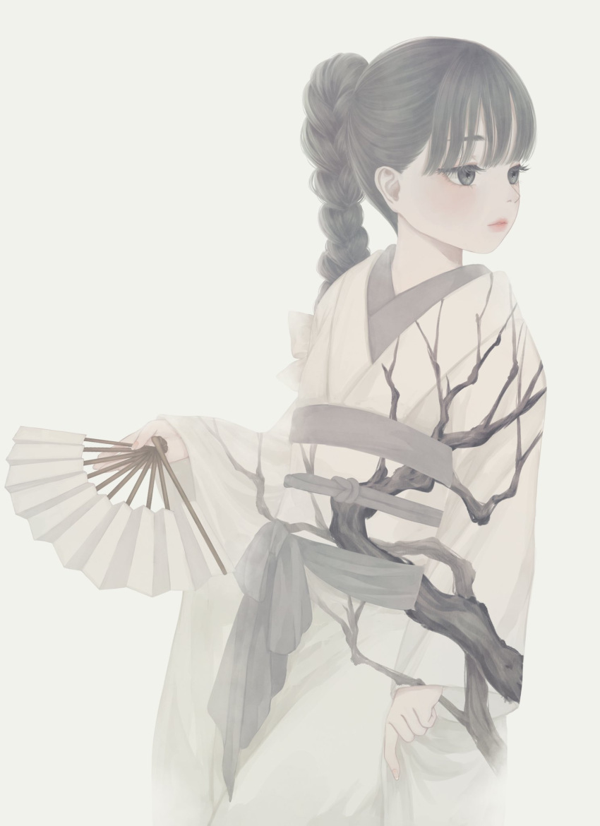 1girl bangs black_eyes black_hair braid branch commentary_request cowboy_shot folding_fan hand_fan highres holding holding_fan japanese_clothes kimono long_hair long_sleeves looking_away looking_to_the_side obi obiage obijime original parted_lips print_kimono sash simple_background solo standing tree_print ushiyama_ame white_background white_kimono white_sash white_theme wide_sleeves