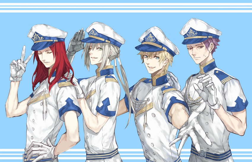4boys blonde_hair blue_eyes fate/grand_order fate_(series) gawain_(fate) gloves green_eyes hat knights_of_marines knights_of_the_round_table_(fate) lancelot_(fate/grand_order) long_hair looking_at_viewer male_focus multiple_boys one_eye_closed outstretched_hand purple_hair sailor sailor_hat salute short_hair sweatdrop tristan_(fate) v yepnean