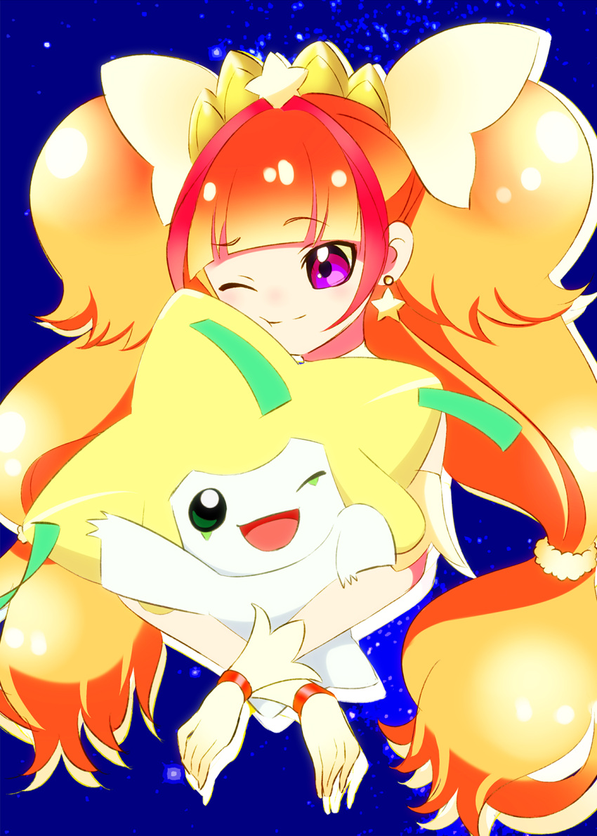 1girl amanogawa_kirara blonde_hair crossover cure_twinkle earrings eyebrows_visible_through_hair gene_guyver go!_princess_precure highres hug jewelry jirachi long_hair magical_girl one_eye_closed open_mouth pokemon pokemon_(creature) precure smile star_(symbol) star_earrings starry_background tanabata twintails very_long_hair violet_eyes waving