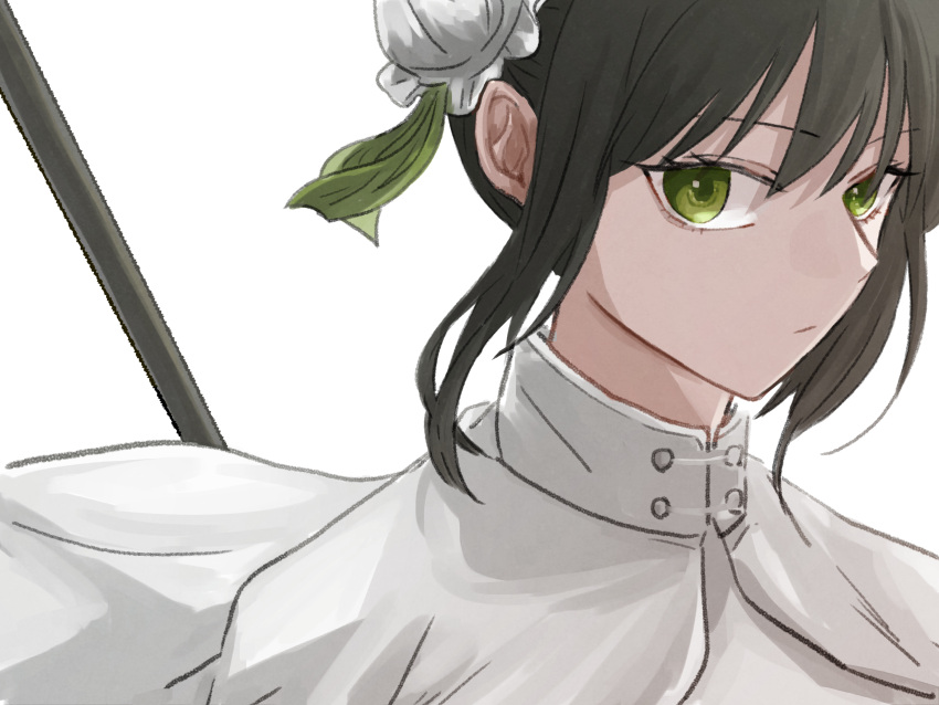 1girl arm_guards bangs black_bodysuit black_gloves black_hair bodysuit breasts bun_cover covered_navel double_bun elbow_gloves fate/grand_order fate_(series) fingerless_gloves gloves green_eyes green_ribbon hair_ribbon highres jewelry large_breasts looking_at_viewer neck_ring qin_liangyu_(fate) rablackkk ribbon sidelocks solo thighs white_bodysuit