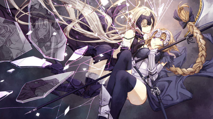 2girls armor armored_boots armored_dress banner black_legwear blonde_hair blue_eyes boots breasts cleavage dress dutch_angle eyebrows_visible_through_hair fate/apocrypha fate/grand_order fate_(series) floating_hair flower fur_trim gauntlets highres hjh4598 jeanne_d'arc_(alter)_(fate) jeanne_d'arc_(fate) jeanne_d'arc_(fate)_(all) lens_flare long_hair looking_back medium_breasts multiple_girls ruler_(fate/apocrypha) sheath silver_hair sleeveless sleeveless_dress smile standing thigh-highs very_long_hair white_dress white_flower yellow_eyes