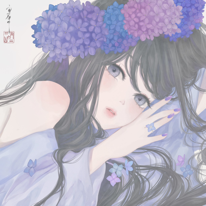 1girl bangs black_hair blue_flower commentary_request flower flower_ring hair_flower hair_ornament head_wreath highres hydrangea japanese_clothes jewelry kimono long_hair long_sleeves looking_at_viewer lying nail_polish off_shoulder on_side original parted_lips pink_flower portrait purple_flower purple_kimono purple_nails ring seal_impression signature solo ushiyama_ame violet_eyes