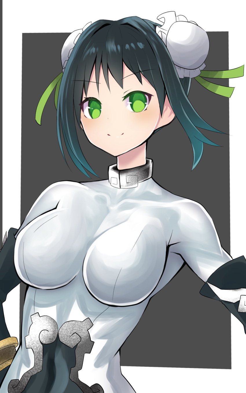 1girl arm_guards bangs black_bodysuit black_gloves black_hair bodysuit breasts bun_cover covered_navel double_bun ehoxs elbow_gloves fate/grand_order fate_(series) fingerless_gloves gloves green_eyes green_ribbon hair_ribbon highres jewelry large_breasts looking_at_viewer neck_ring qin_liangyu_(fate) ribbon sidelocks solo thighs white_bodysuit