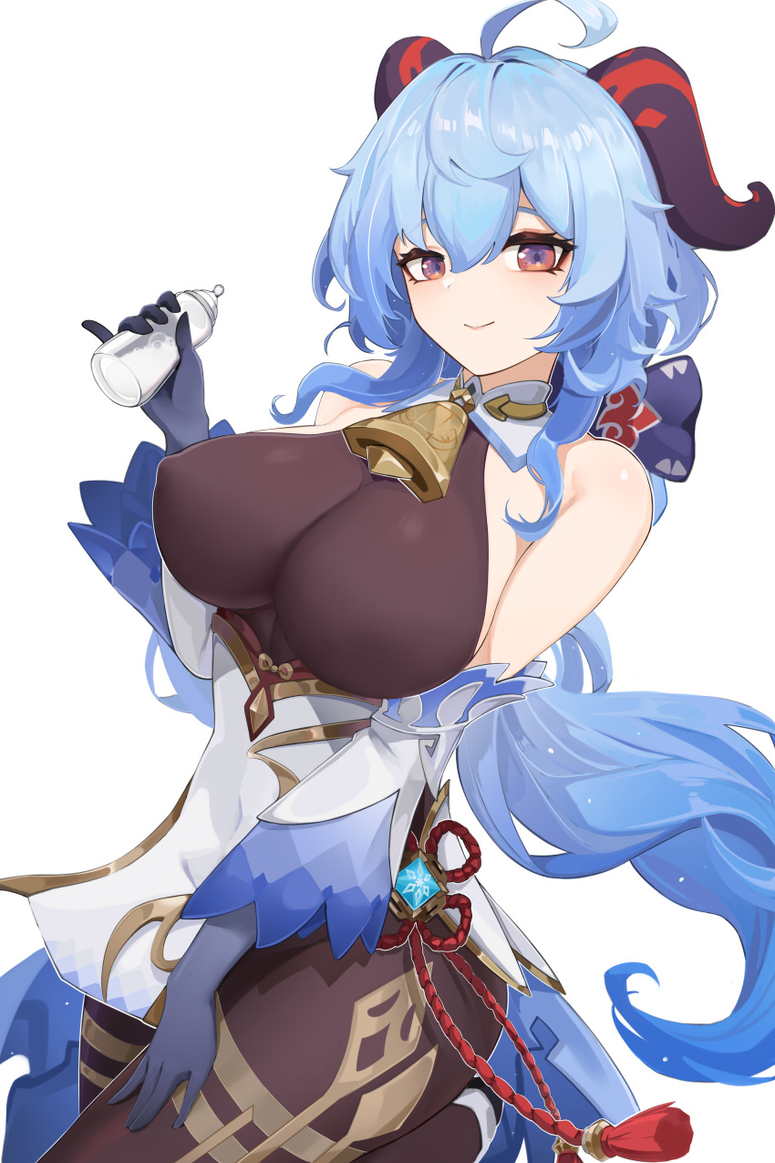 1girl absurdres ahoge baby_bottle bangs bare_shoulders bell berserker_r blue_hair bottle breasts closed_mouth covered_nipples cowbell eyelashes ganyu_(genshin_impact) genshin_impact gloves goat_horns hair_between_eyes highres holding horns large_breasts long_hair looking_at_viewer low_ponytail shiny shiny_hair simple_background solo tassel vision_(genshin_impact) white_background