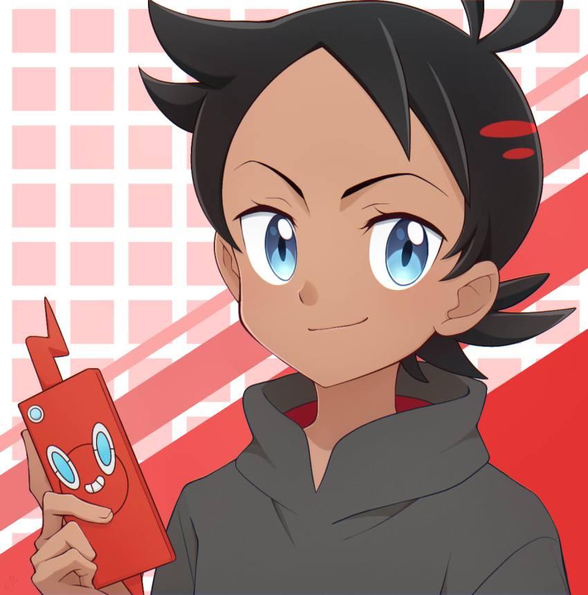 1boy antenna_hair bangs black_hair blue_eyes closed_mouth commentary_request eyelashes goh_(pokemon) grey_shirt hand_up highres holding holding_phone kouzuki_(reshika213) looking_at_viewer male_focus phone pokemon pokemon_(anime) pokemon_swsh_(anime) rotom rotom_phone shirt short_hair smile upper_body