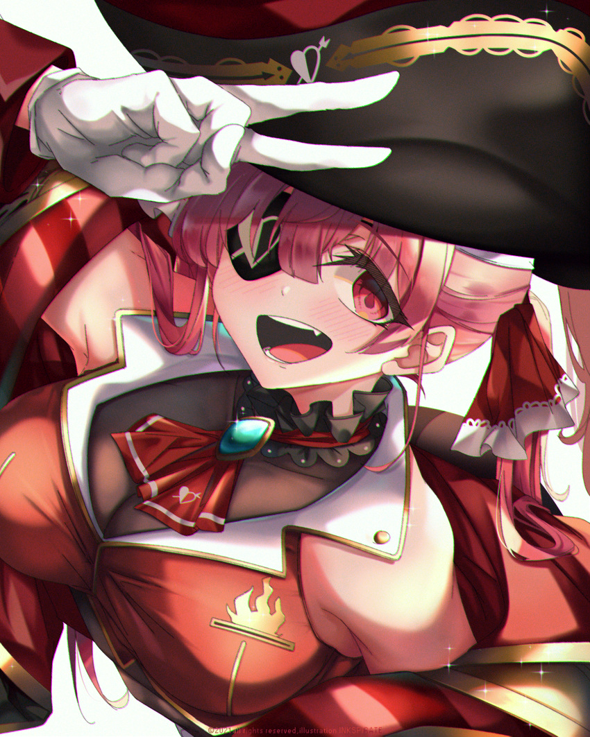 1girl arrow_through_heart artist_name bangs bare_shoulders bicorne black_eyepatch black_headwear blush breasts commentary_request dated eyepatch fang gloves gold_trim grin hair_between_eyes hair_ribbon hat heart highres hololive houshou_marine inkspirate jacket large_breasts long_hair long_sleeves open_mouth pirate pirate_hat red_eyes red_jacket red_ribbon red_sleeves redhead ribbon smile solo sparkle twintails v virtual_youtuber watermark white_gloves