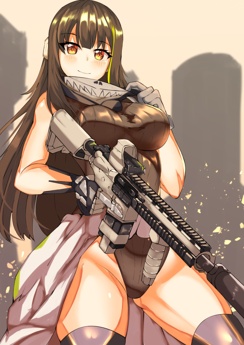 1girl absurdres black_gloves black_shorts breasts brown_eyes brown_hair closed_mouth eyebrows_visible_through_hair feet_out_of_frame girls_frontline gloves green_shirt grey_background hand_on_back hand_on_breast highres long_hair looking_at_viewer m4a1_(girls_frontline) medium_breasts multicolored_hair navel neltoro open_clothes open_shorts shirt shorts solo