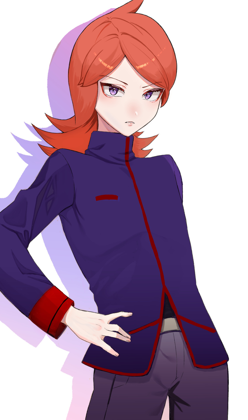 1boy absurdres bangs belt_buckle black_shirt buckle commentary_request cowboy_shot frown hand_on_hip highres jacket long_hair long_sleeves looking_at_viewer male_focus okuro_zmzm orange_hair pants parted_bangs parted_lips pokemon pokemon_(game) pokemon_hgss purple_jacket shiny shiny_hair shirt silver_(pokemon) solo violet_eyes