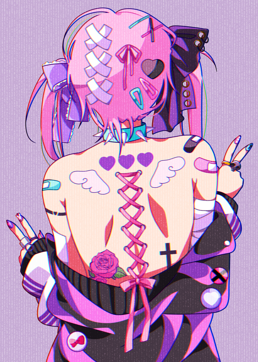 1girl absurdres angel_wings back bandaid bow choker collar corset_piercing cross flower hair_ornament hairclip heart highres jacket jewelry momomo_ri nail_polish original pale_skin pink_hair ribbon ring rose spiked_collar spikes taking_off tattoo twintails v wings