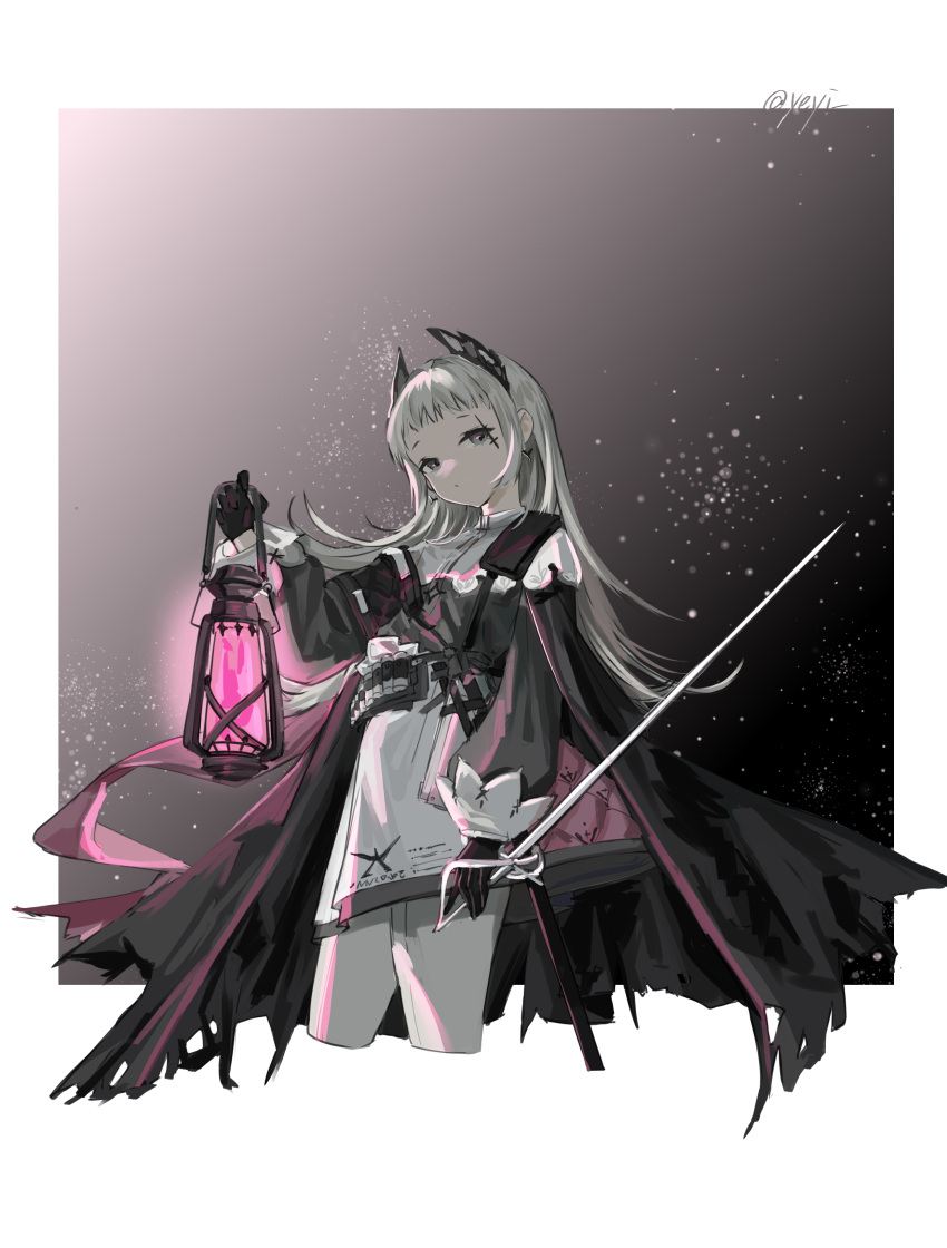 1girl absurdres arknights black_jacket capelet commentary_request cropped_legs grey_eyes grey_hair highres holding holding_lantern holding_sword holding_weapon irene_(arknights) jacket lantern long_hair long_sleeves looking_at_viewer pantyhose puffy_long_sleeves puffy_sleeves sheath skirt solo sword unsheathed weapon white_capelet white_legwear white_skirt yeyi_(ukpw7828)