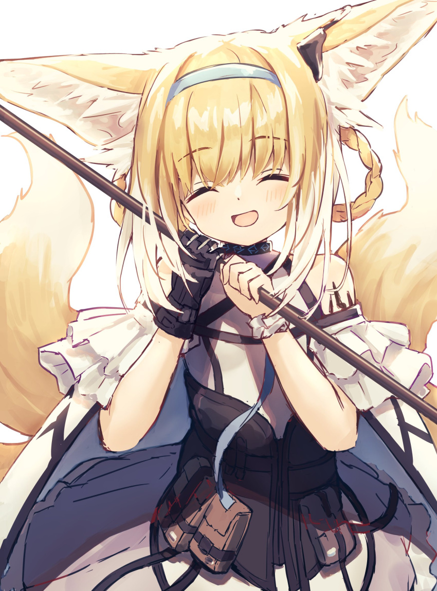 1girl :d animal_ears arknights bangs bare_shoulders black_gloves blonde_hair blue_hairband blush braid clothing_cutout collar corset cowboy_shot eyebrows_visible_through_hair facing_viewer fox_ears fox_girl fox_tail gloves hair_rings hairband highres infection_monitor_(arknights) matsushika multicolored_hair open_mouth oripathy_lesion_(arknights) pouch purple_skirt short_sleeves shoulder_cutout sidelocks simple_background single_glove skirt smile solo suzuran_(arknights) tail two-tone_hair white_background white_hair wristband