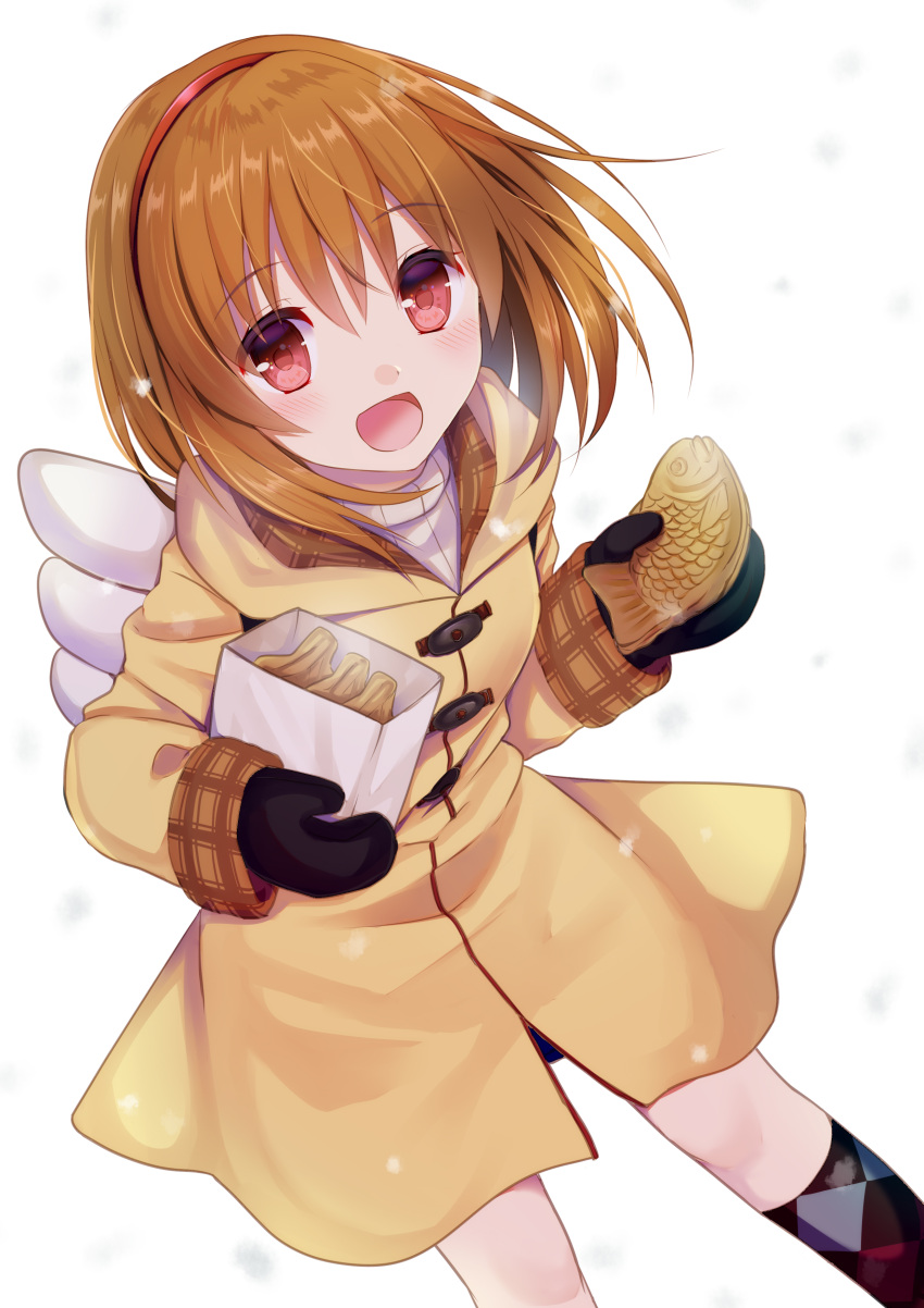 1girl absurdres akausagi argyle argyle_legwear backpack bag brown_coat brown_hair brown_mittens coat commentary_request cowboy_shot food hairband happy_birthday highres kanon long_sleeves looking_at_viewer mittens paper_bag red_eyes short_hair simple_background smile socks solo taiyaki tsukimiya_ayu wagashi white_background winged_bag