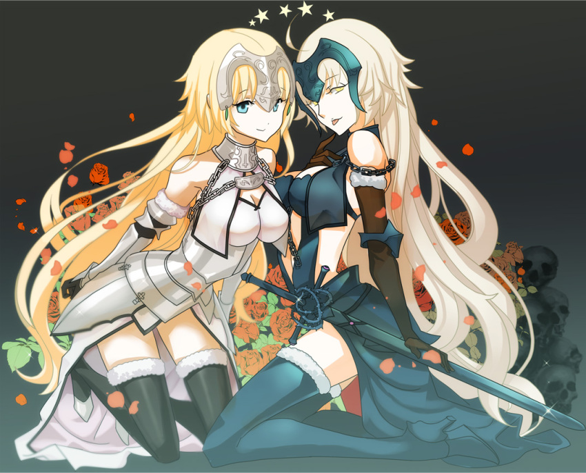 2girls armor armored_boots armored_dress banner black_legwear blonde_hair blue_eyes boots breasts cake9 cleavage dress dutch_angle eyebrows_visible_through_hair fate/apocrypha fate/grand_order fate_(series) floating_hair flower fur_trim gauntlets highres jeanne_d'arc_(alter)_(fate) jeanne_d'arc_(fate) jeanne_d'arc_(fate)_(all) lens_flare long_hair looking_back medium_breasts multiple_girls ruler_(fate/apocrypha) sheath silver_hair sleeveless sleeveless_dress smile standing thigh-highs very_long_hair white_dress white_flower yellow_eyes