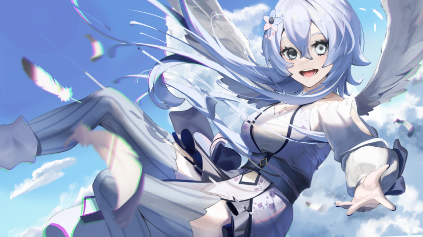 1girl angel angel_wings blue_eyes blue_hair blue_legwear blue_nails blue_sky boots clouds commentary_request copyright_request daiiichukiii day dress feathers heterochromia highres long_hair looking_at_viewer nail_polish open_mouth outdoors pelvic_curtain sky smile solo striped striped_legwear teeth thigh-highs thigh_boots vertical-striped_legwear vertical_stripes white_dress white_wings wings