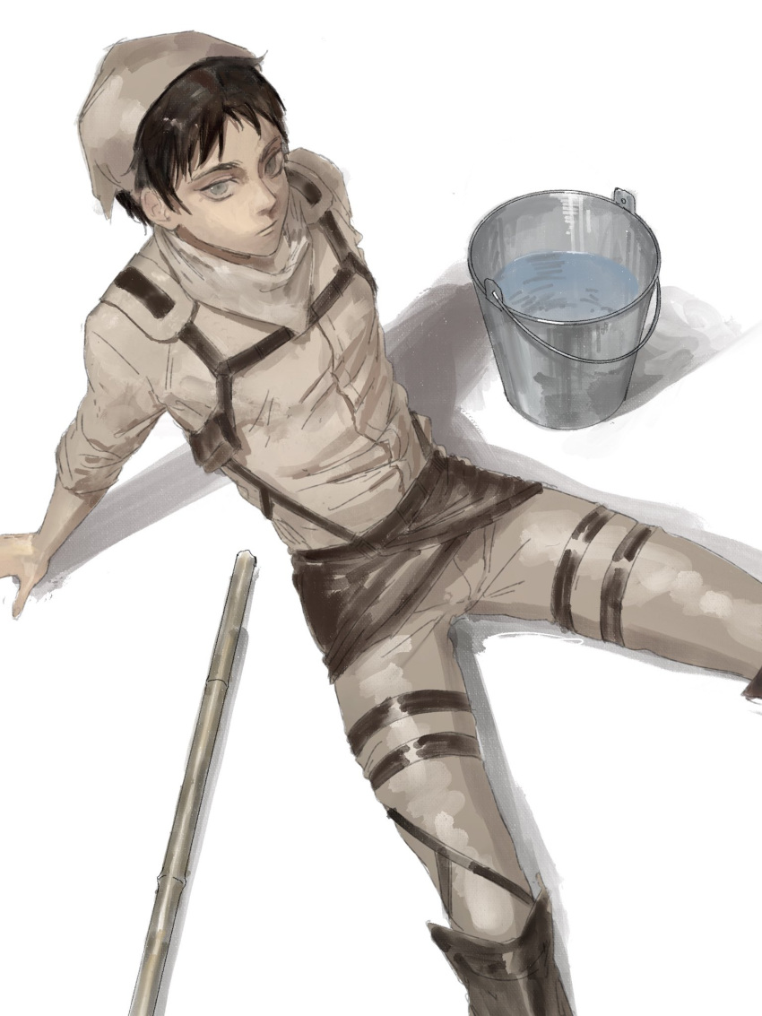 1boy brown_hair bucket chest_harness eren_yeager feet_out_of_frame from_above green_eyes harness head_scarf highres leg_belt looking_at_viewer male_focus mop mrs.yega_(nai0026er) paradis_military_uniform shingeki_no_kyojin short_hair sideburns sitting solo unfinished water