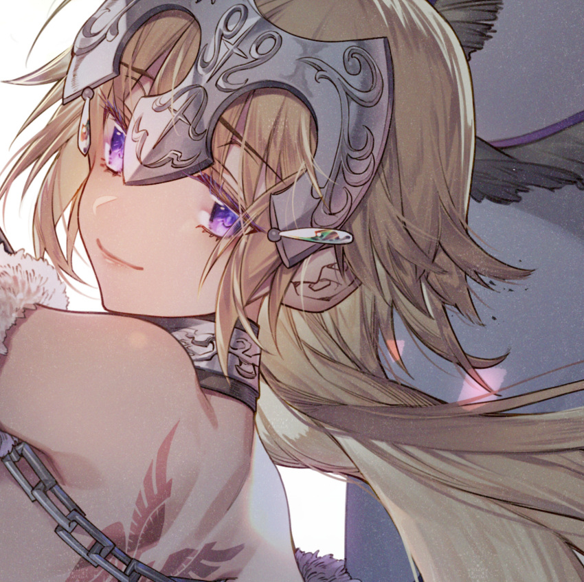 1girl armor armored_dress banner black_ribbon blonde_hair blue_eyes braid eyebrows_visible_through_hair fate/apocrypha fate/grand_order fate_(series) gauntlets highres jeanne_d'arc_(fate) jeanne_d'arc_(fate)_(all) krage_(32700181) long_hair low-tied_long_hair ponytail purple_legwear ribbon ruler_(fate/apocrypha) sheath sheathed single_braid smile solo standing sword thigh-highs very_long_hair weapon