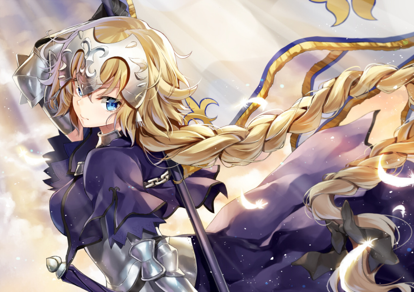 1girl armor armored_dress banner black_ribbon blonde_hair blue_eyes braid eyebrows_visible_through_hair fate/apocrypha fate/grand_order fate_(series) gauntlets highres jeanne_d'arc_(fate) jeanne_d'arc_(fate)_(all) kakao_rantan long_hair low-tied_long_hair ponytail purple_legwear ribbon ruler_(fate/apocrypha) sheath sheathed single_braid smile solo standing sword thigh-highs very_long_hair weapon