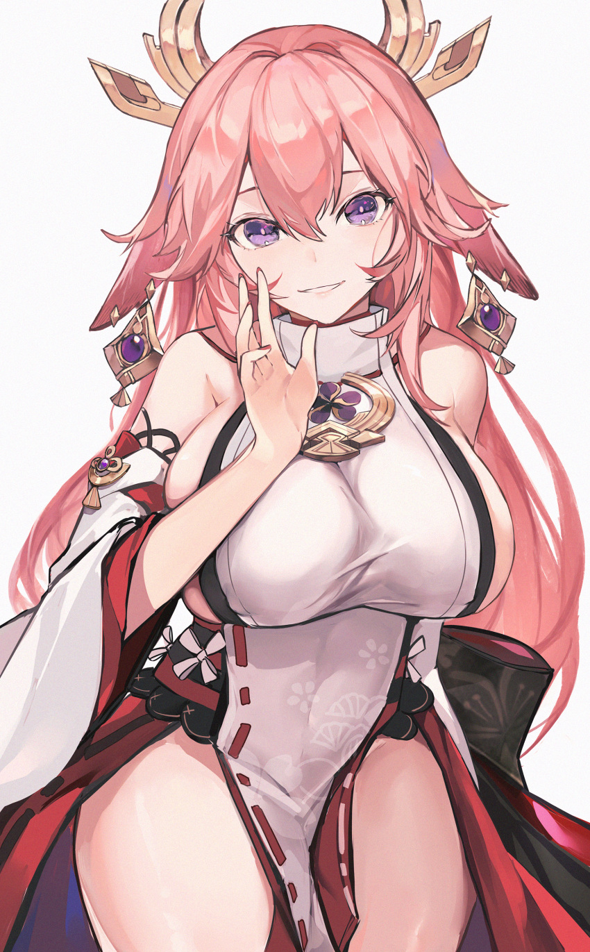 1girl absurdres breasts detached_sleeves fanshu fingernails genshin_impact grey_background hair_between_eyes hair_ornament highres japanese_clothes large_breasts long_hair looking_at_viewer miko nail_polish pink_hair priestess red_nails simple_background smile solo thighs violet_eyes yae_(genshin_impact)