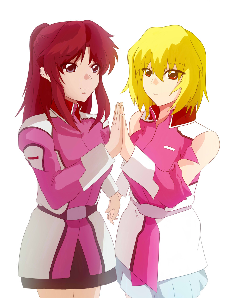 2girls bare_shoulders crossed_arms crossover detached_sleeves flay_allster green_legwear gundam gundam_seed gundam_seed_destiny kuwashima_houko long_hair military military_uniform multiple_girls pink_eyes pink_hair purple_eyes purple_eyes seiyuu_connection short_hair stellar_loussier text thigh-highs thigh-highs uniform yasakasyuu zettai_ryouiki