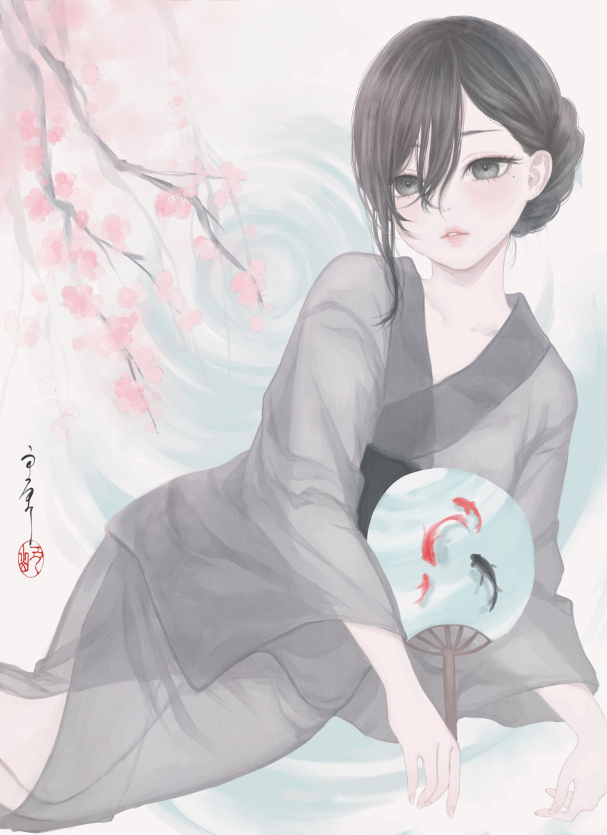 1girl black_eyes black_hair black_kimono braid branch cherry_blossoms commentary_request feet_out_of_frame fish hair_between_eyes hand_fan highres holding holding_fan image_fill japanese_clothes kimono looking_at_viewer medium_hair original paper_fan parted_lips ripples seal_impression see-through_kimono signature sitting solo uchiwa ushiyama_ame water yokozuwari