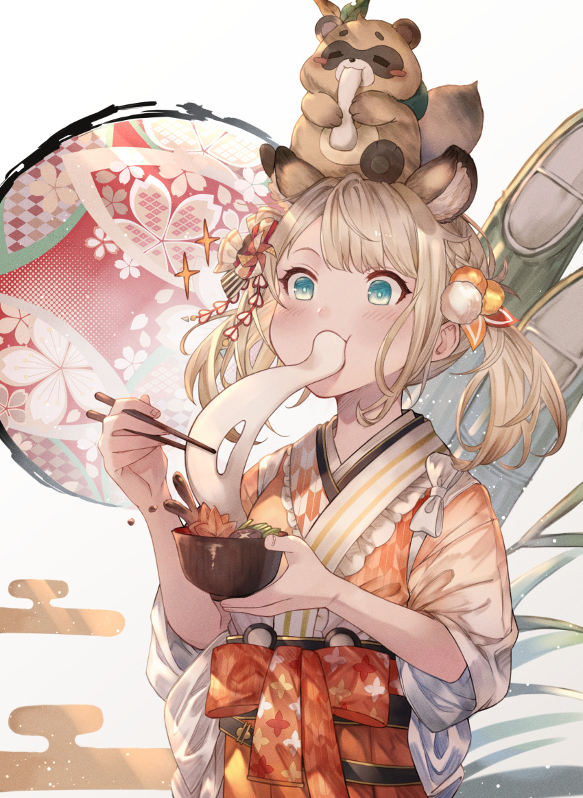 1girl absurdres animal_ear_fluff animal_ears animal_on_head ayacho bamboo bangs blonde_hair blue_eyes blush bowl chopsticks commentary_request eating extra_ears food_in_mouth hair_ornament hakama highres holding holding_bowl holding_chopsticks hololive japanese_clothes kazama_iroha kimono looking_away medium_hair on_head orange_hakama orange_kimono pokobee solo sparkle tanuki twintails upper_body virtual_youtuber