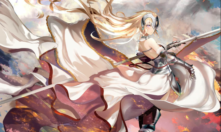 1girl armor armored_dress banner black_ribbon blonde_hair blue_eyes braid eyebrows_visible_through_hair fate/apocrypha fate/grand_order fate_(series) gauntlets highres jeanne_d'arc_(fate) jeanne_d'arc_(fate)_(all) long_hair low-tied_long_hair ponytail purple_legwear ribbon ruler_(fate/apocrypha) sheath sheathed shengkon single_braid smile solo standing sword thigh-highs very_long_hair weapon