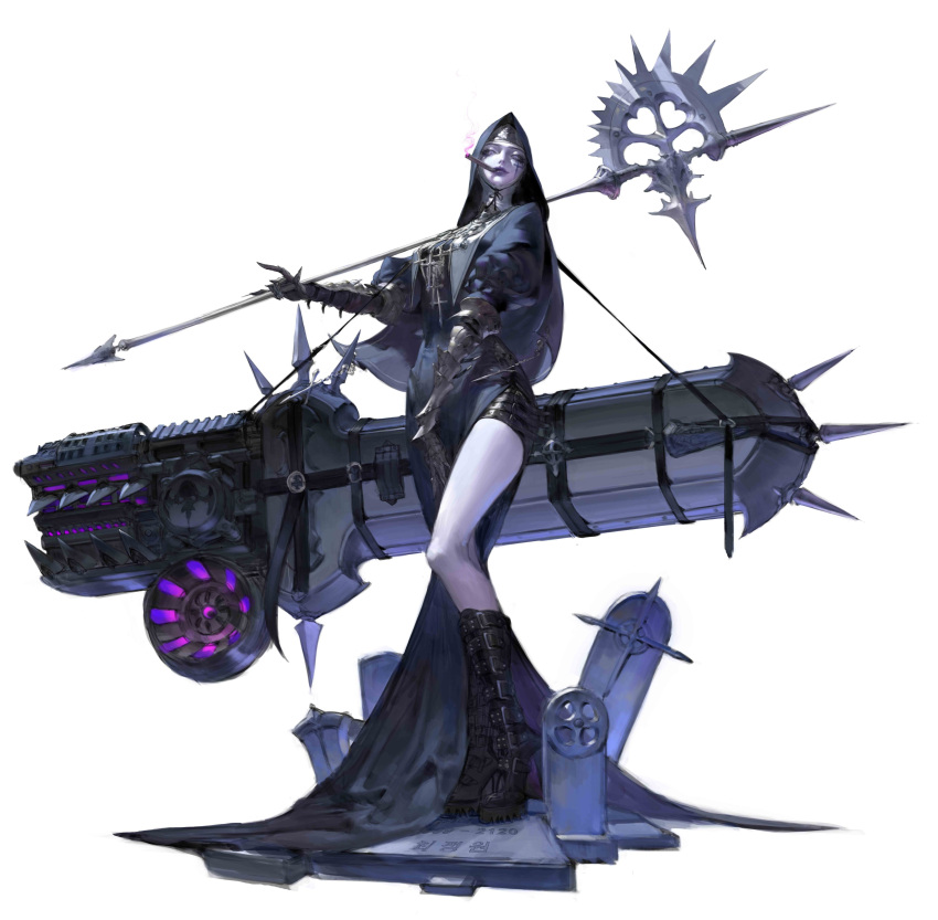 1girl absurdres black_footwear boots halberd highres holding holding_polearm holding_weapon hood hood_up jeongwon_choi original pale_skin polearm simple_background smoking solo standing tombstone weapon white_background wide_shot