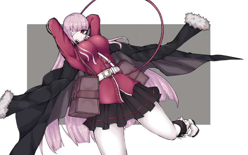 1girl anglsen25 bangs belt black_skirt blush braid braided_ponytail breasts buttons clipboard fate/grand_order fate_(series) florence_nightingale_(fate/grand_order) folded_ponytail gloves highres jacket large_breasts long_hair long_sleeves pantyhose parted_lips pink_hair red_eyes red_jacket sitting skirt thighs white_gloves white_legwear