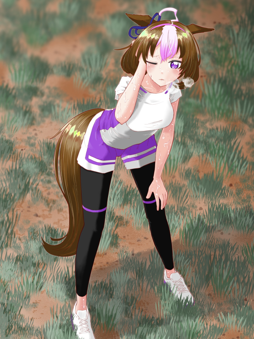 1girl dirt_road grass gym_uniform horse_ears horse_girl horse_tail long_legs looking_at_viewer meisho_doto_(umamusume) outdoors running shoes sportswear steam sweat sweating_profusely umamusume