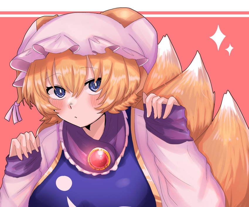 1girl absurdres animal_ears bangs blonde_hair blue_eyes blue_vest blush breasts closed_mouth dress eyebrows_visible_through_hair fox_ears fox_tail gem hair_between_eyes hands_up hat highres jewelry large_breasts looking_to_the_side mob_cap multiple_tails pink_background pink_dress purupurutamago45 short_hair solo star_(symbol) tabard tail touhou vest white_headwear yakumo_ran