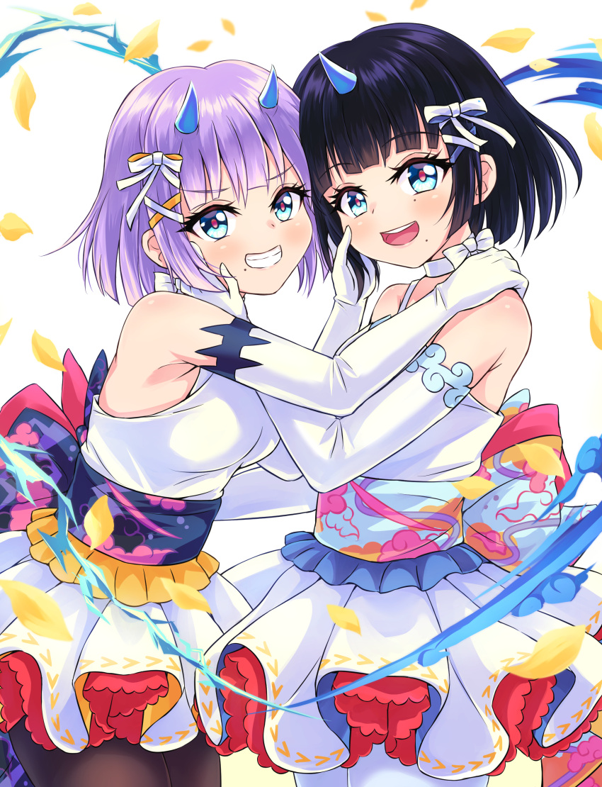 2girls absurdres akirappy armpits black_hair breasts elbow_gloves fuujin_(monster_strike) gloves highres large_breasts mole mole_under_mouth monster_strike multiple_girls pantyhose raijin_(monster_strike) simple_background smile thighs wedding white_gloves white_hair yuri