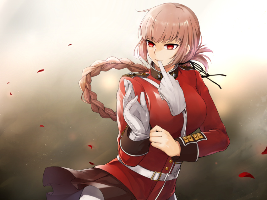 1girl bangs belt black_skirt blush braid braided_ponytail breasts buttons clipboard fate/grand_order fate_(series) florence_nightingale_(fate/grand_order) folded_ponytail gloves highres jacket large_breasts long_hair long_sleeves oyasuminasai pantyhose parted_lips pink_hair red_eyes red_jacket sitting skirt thighs white_gloves white_legwear