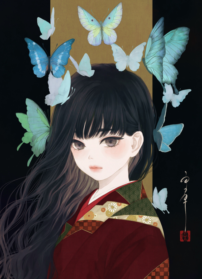 absurdres aqua_butterfly asa_no_ha_(pattern) bangs black_background black_hair blue_butterfly brown_background brown_eyes bug butterfly checkered_clothes checkered_kimono closed_mouth commentary_request floral_print green_butterfly highres japanese_clothes kikumon kimono light_blush looking_at_viewer original print_kimono red_kimono seal_impression signature upper_body ushiyama_ame wavy_hair