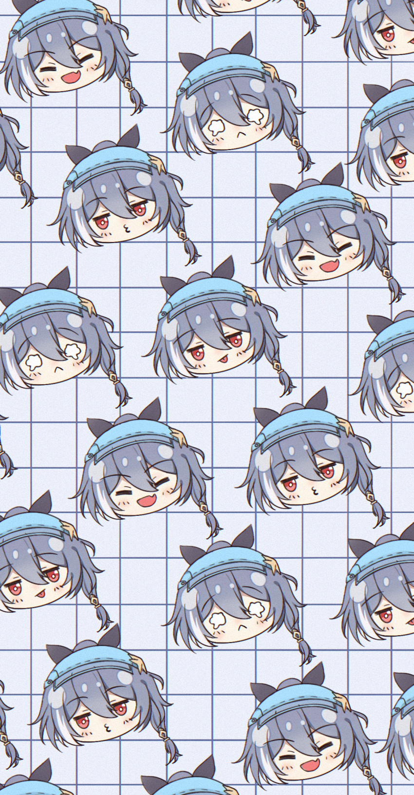 6+girls :d bangs black_hair blue_background blue_headwear closed_eyes closed_mouth crying crying_with_eyes_open fu_hua fu_hua_(herrscher_of_sentience) grid_background hair_between_eyes highres honkai_(series) honkai_impact_3rd long_hair looking_at_viewer multiple_girls multiple_persona open_mouth pouty_lips qian_xii red_eyes simple_background smile summer_uniform tears