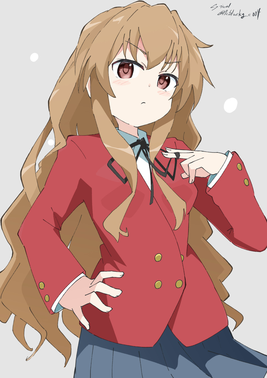 1girl absurdres aisaka_taiga bangs black_ribbon blazer blue_skirt blush brown_eyes brown_hair buttons closed_mouth commentary cowboy_shot cynical_(llcbluckg_c004) double-breasted eyebrows_visible_through_hair grey_background hand_on_hip hand_up highres jacket long_hair long_sleeves looking_at_viewer neck_ribbon oohashi_high_school_uniform pleated_skirt red_jacket ribbon school_uniform shirt signature simple_background skirt solo toradora! twitter_username white_shirt