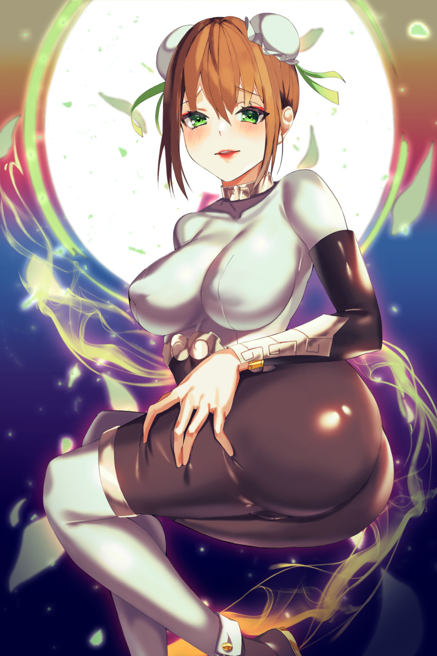 1girl arm_guards bangs black_bodysuit black_gloves black_hair bodysuit breasts bun_cover colive(ro) covered_navel double_bun elbow_gloves fate/grand_order fate_(series) fingerless_gloves gloves green_eyes green_ribbon hair_ribbon highres jewelry large_breasts looking_at_viewer neck_ring qin_liangyu_(fate) ribbon sidelocks solo thighs white_bodysuit