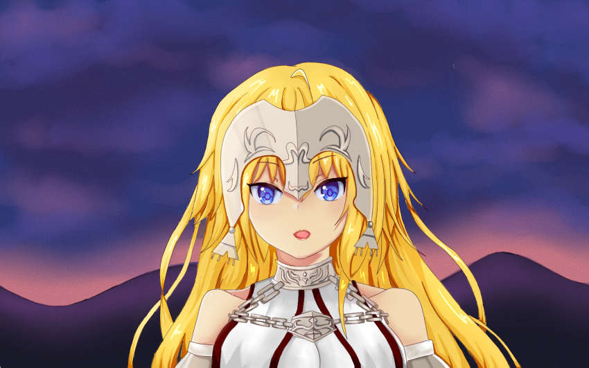 1girl armor armored_dress banner black_ribbon blonde_hair blue_eyes braid eyebrows_visible_through_hair fate/apocrypha fate/grand_order fate_(series) gauntlets highres jeanne_d'arc_(fate) jeanne_d'arc_(fate)_(all) long_hair low-tied_long_hair ponytail purple_legwear ribbon ruler_(fate/apocrypha) sheath sheathed single_braid smile solo standing sword thigh-highs those_girls very_long_hair weapon